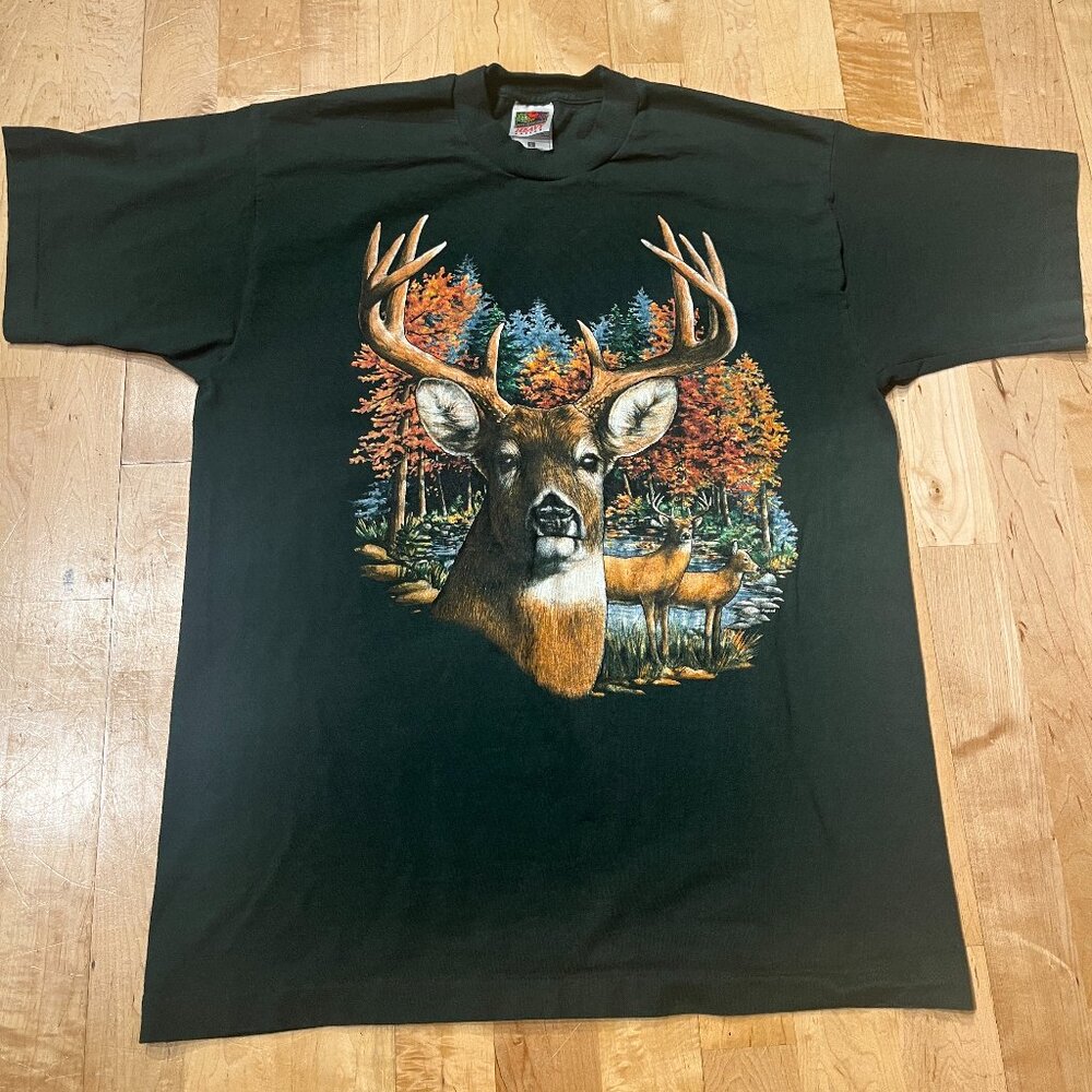 Vintage 90s Buck T-shirt Fruit of the Loom Green Cotton Single Stitch - Men's L